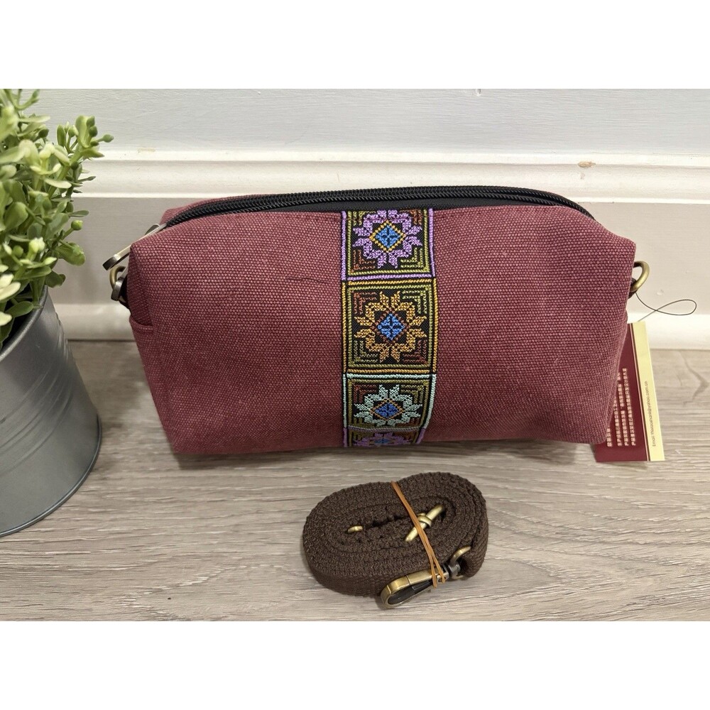 NWT Boho Tribal Embroidered Canvas Crossbody Purse Wine Red Small Shoulder Bag